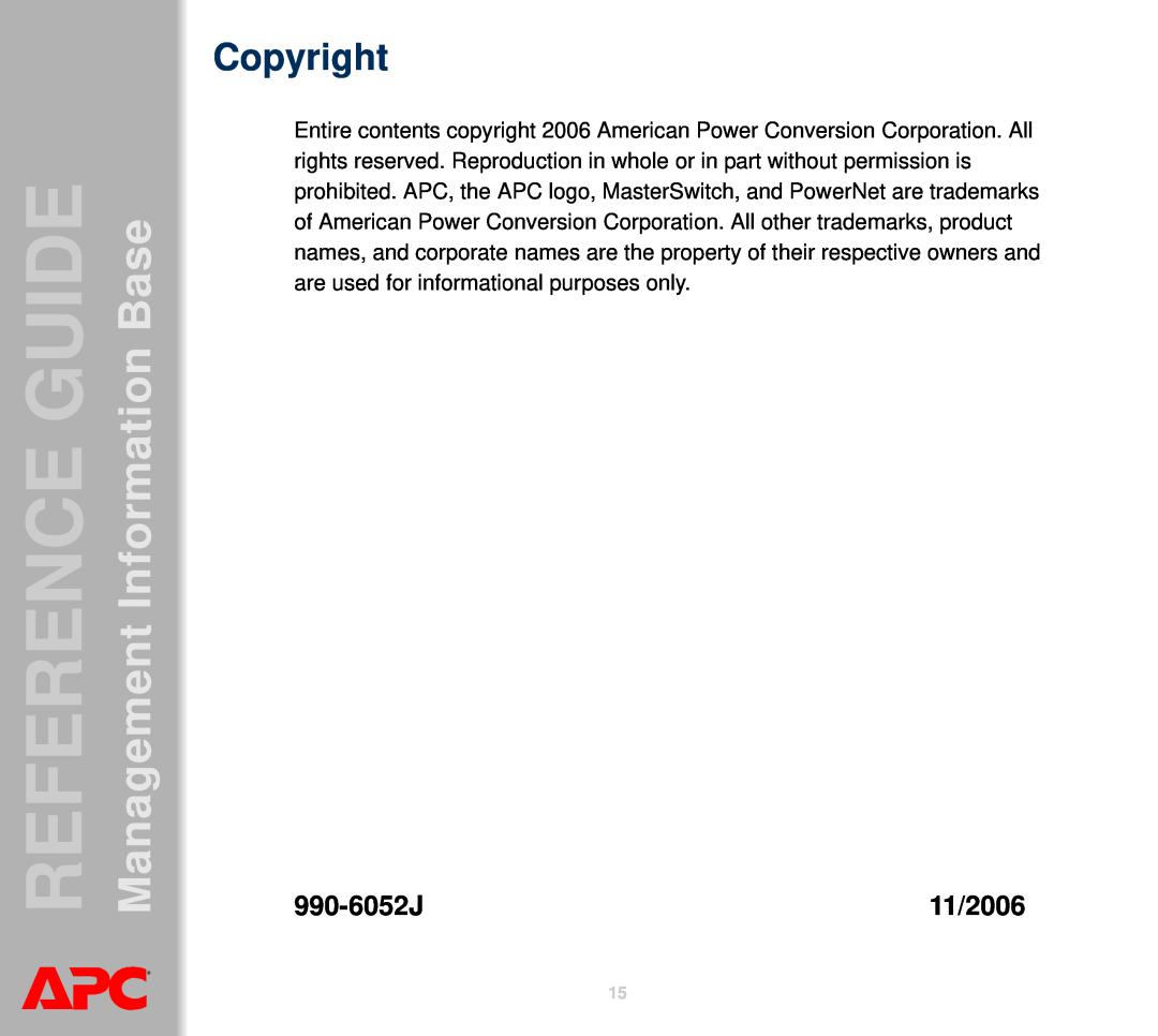 APC AP8959NA3 manual Copyright, Management GUIDEREFERENCE BaseInformation, 990-6052J, 11/2006 