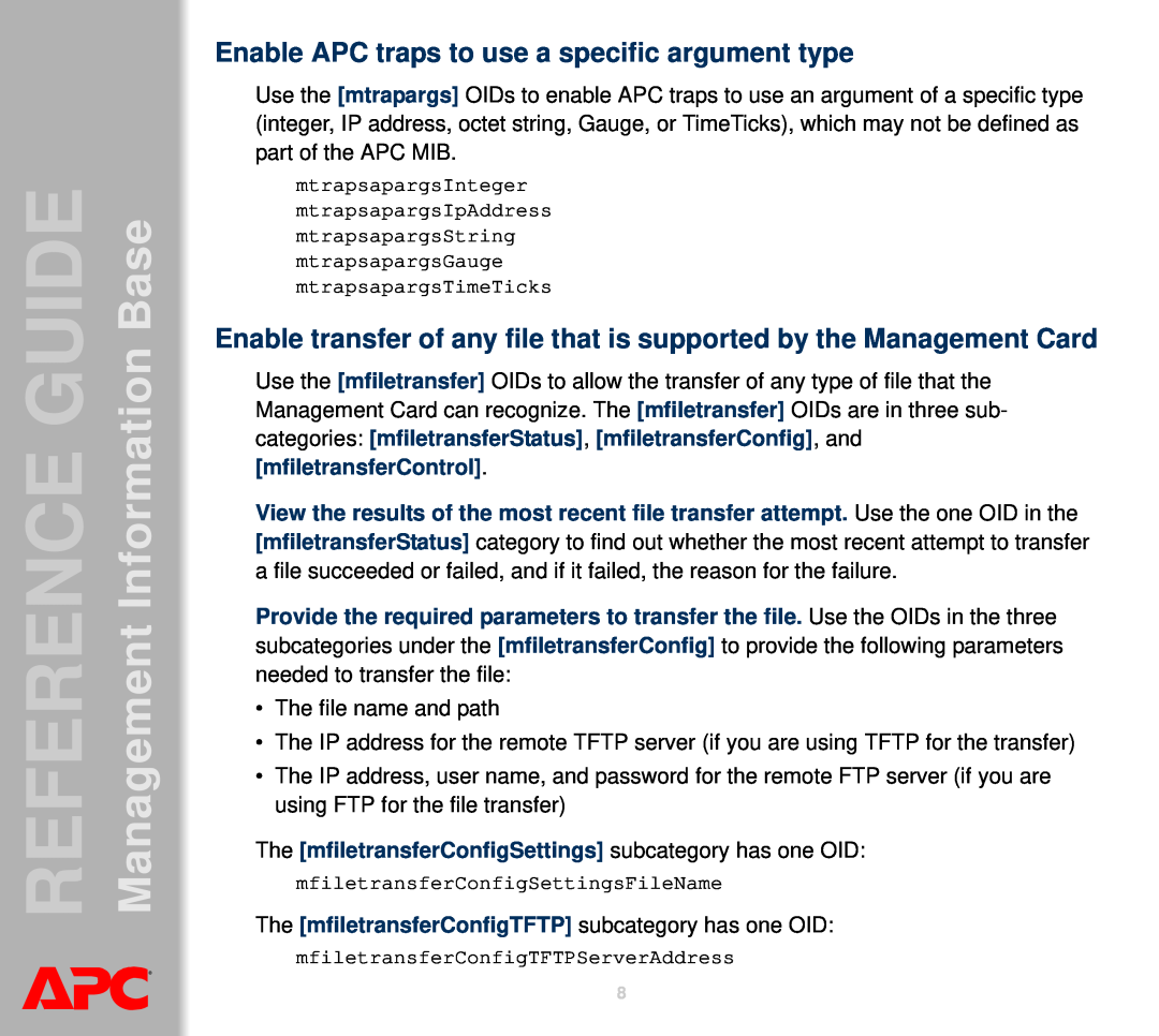 APC AP8959NA3 Enable APC traps to use a specific argument type, The mfiletransferConfigSettings subcategory has one OID 
