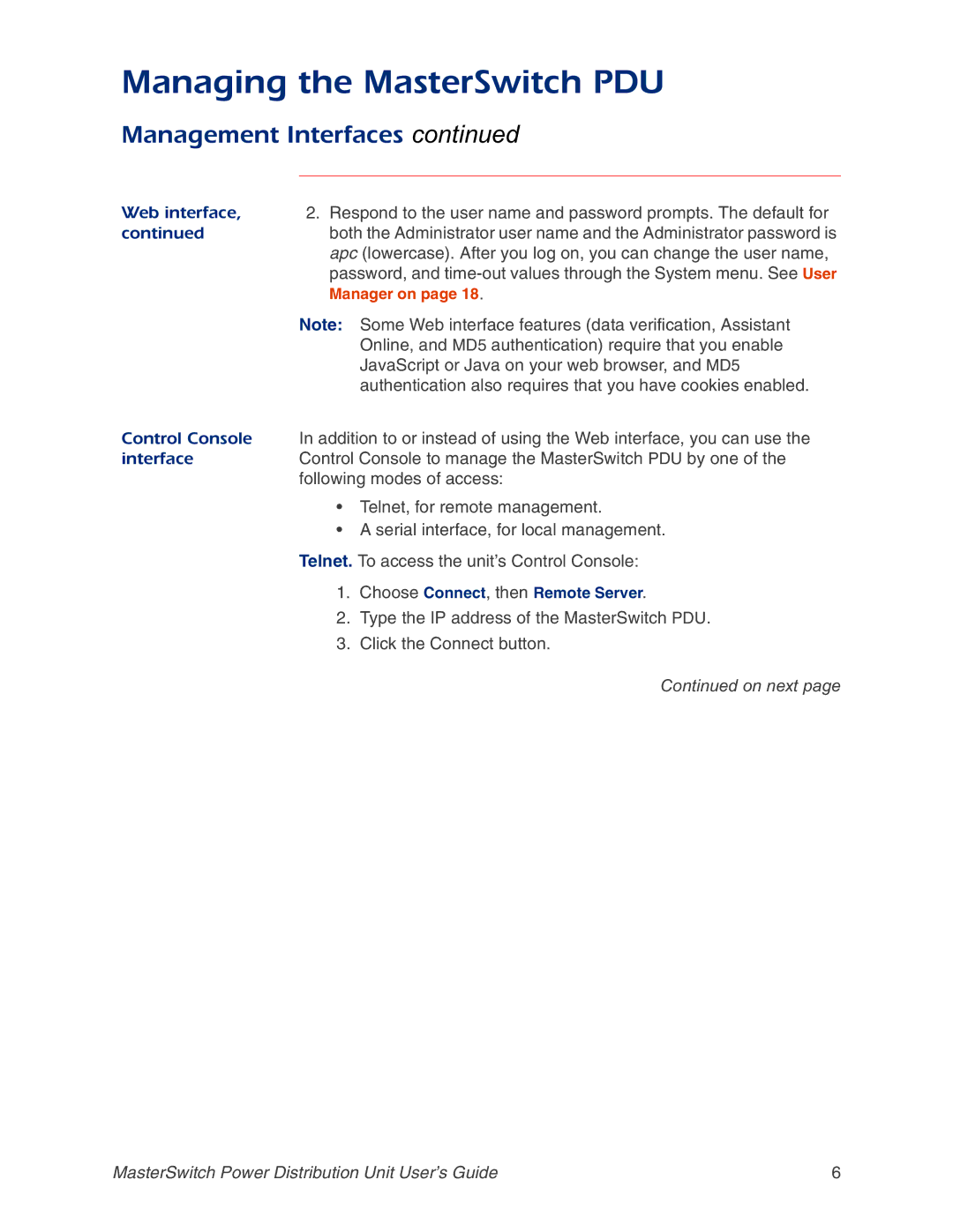 APC AP9217, AP9218 Managing the MasterSwitch PDU, Web interface, Online, and MD5 authentication require that you enable 