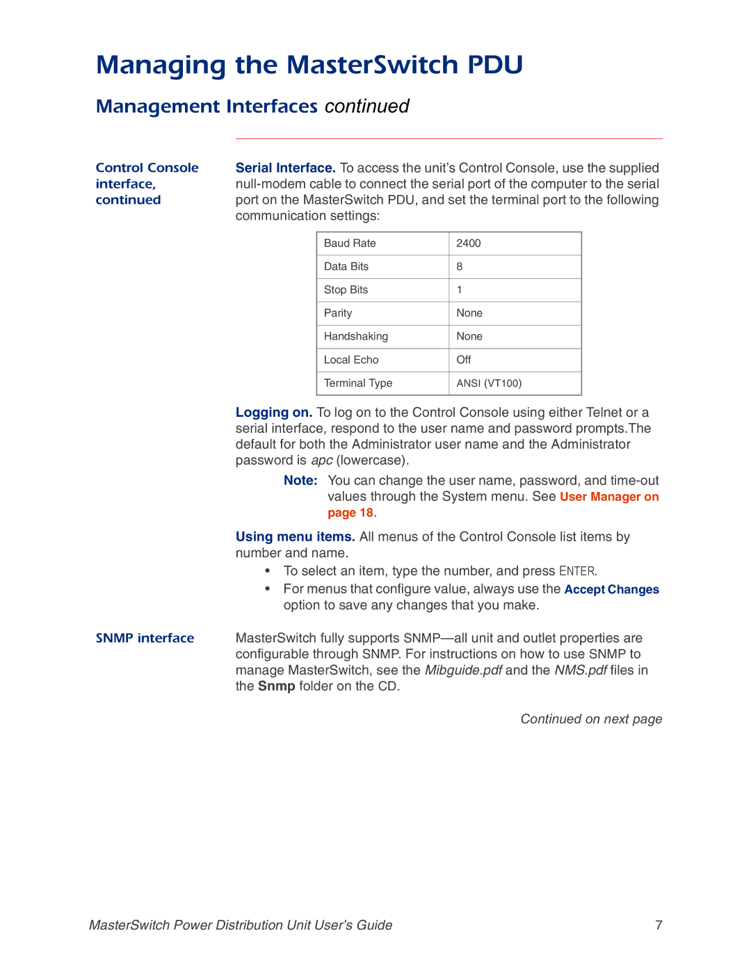 APC AP9212, AP9218, AP9211, AP9217 manual Control Console, Interface, Communication settings 