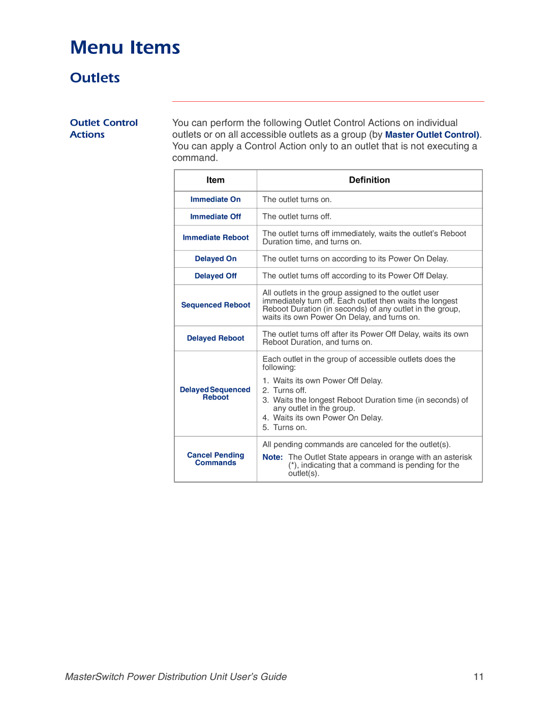 APC AP9212, AP9218, AP9211, AP9217 manual Menu Items, Outlets, Definition 