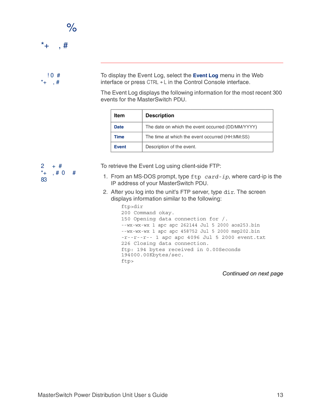 APC AP9211, AP9218, AP9217, AP9212 manual Retrieving the Event Log by using 