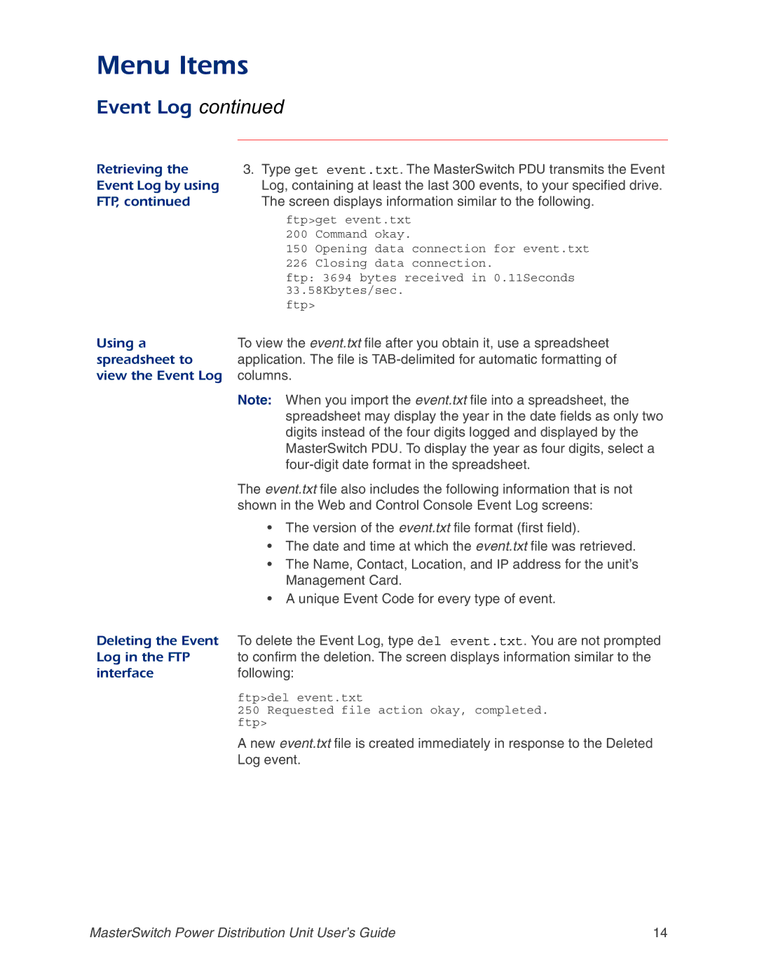 APC AP9217 manual Screen displays information similar to the following, Columns, Four-digit date format in the spreadsheet 