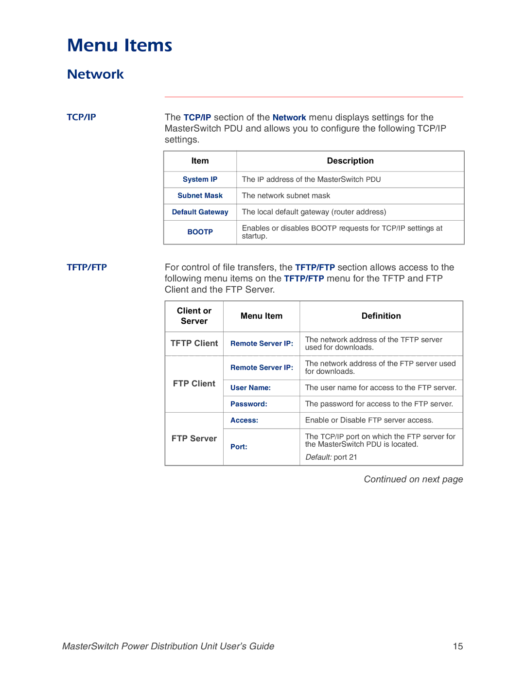 APC AP9212, AP9218 manual TCP/IP section of the Network menu displays settings for, Settings, Client and the FTP Server 