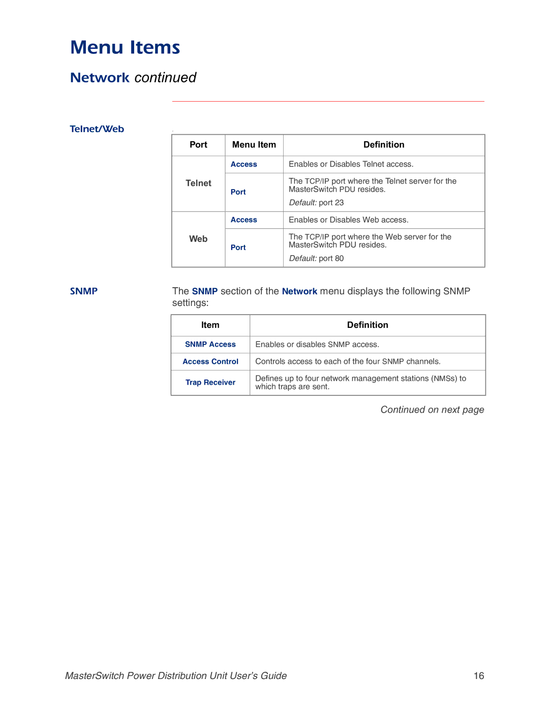 APC AP9218, AP9211, AP9217, AP9212 manual Telnet/Web, Port Menu Item Definition 