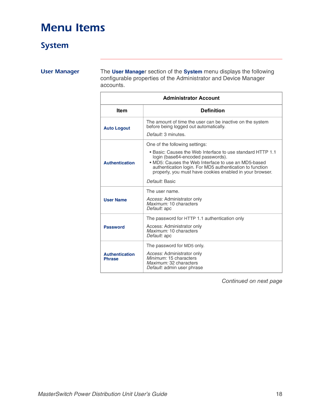 APC AP9217, AP9218, AP9211, AP9212 manual System, User Manager, Administrator Account 