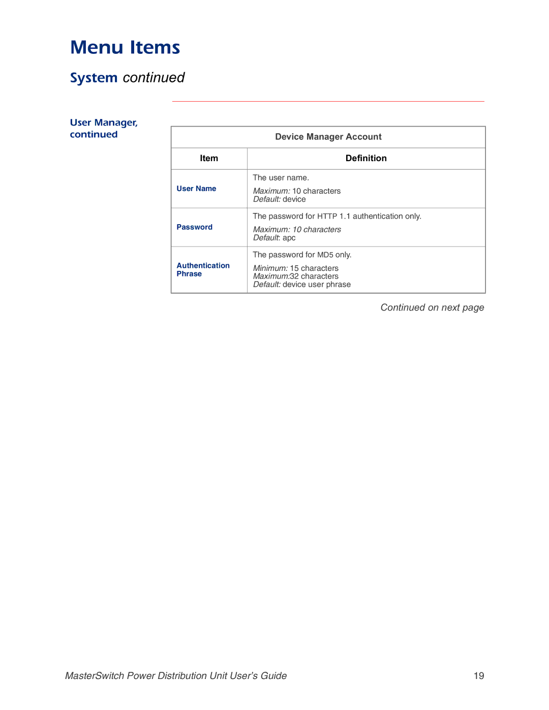 APC AP9212, AP9218, AP9211, AP9217 manual System, Device Manager Account 