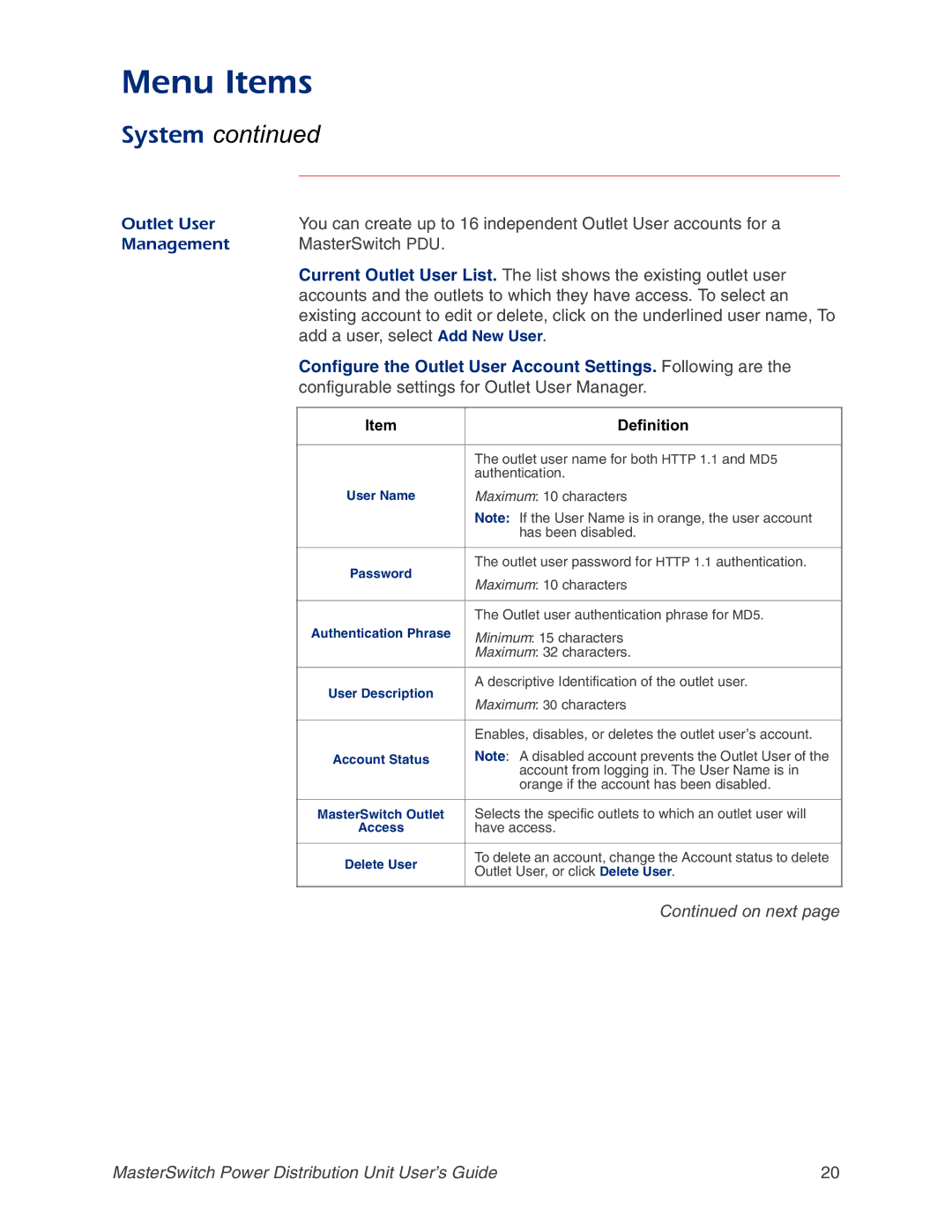 APC AP9218, AP9211, AP9217, AP9212 manual Configurable settings for Outlet User Manager 