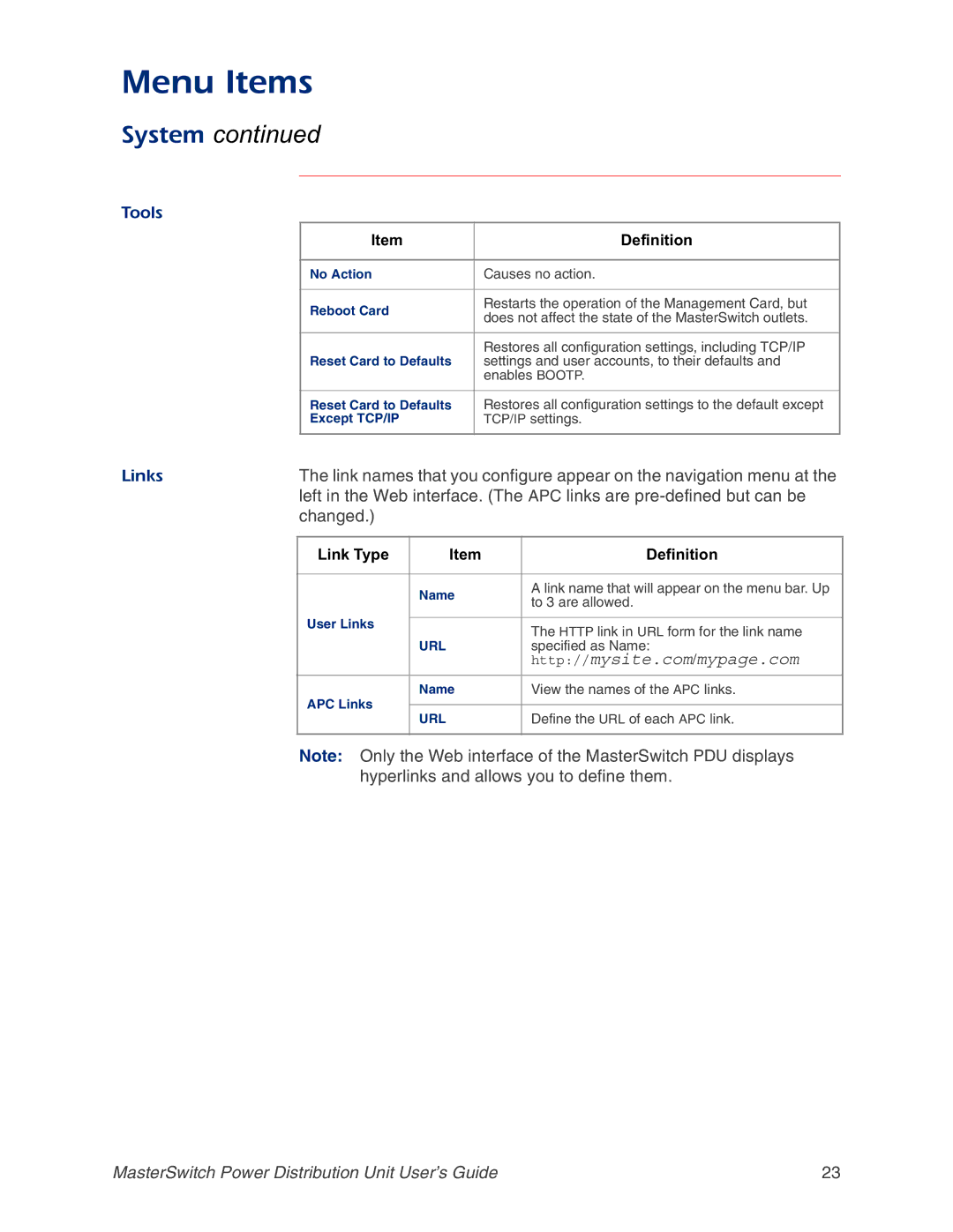 APC AP9212, AP9218, AP9211, AP9217 manual Tools, Links, Changed, Link Type Definition 