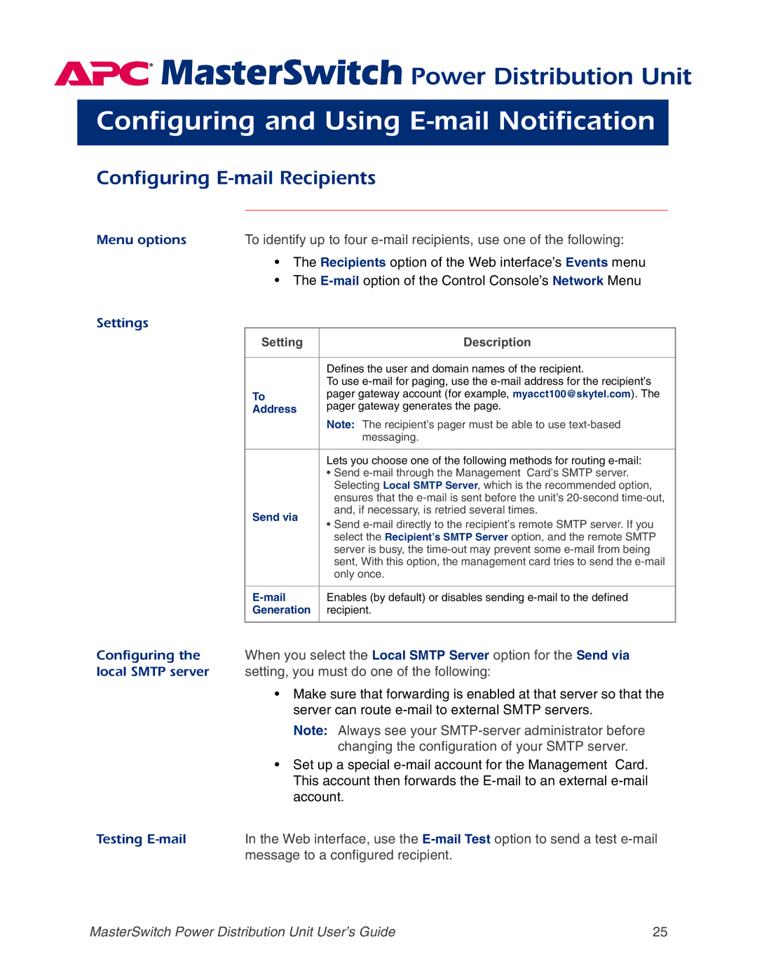 APC AP9211, AP9218, AP9217, AP9212 manual Configuring and Using E-mail Notification, Configuring E-mail Recipients 