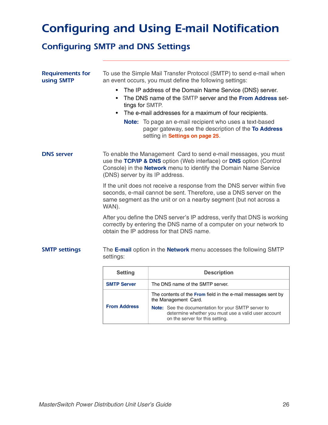 APC AP9217, AP9218, AP9211, AP9212 manual Configuring and Using E-mail Notification, Configuring Smtp and DNS Settings 