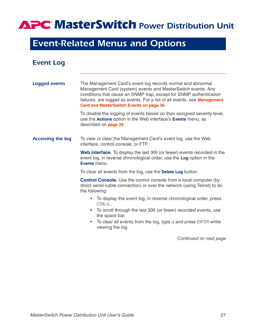 APC AP9212, AP9218, AP9211, AP9217 manual Event-Related Menus and Options, Ctrl+L 