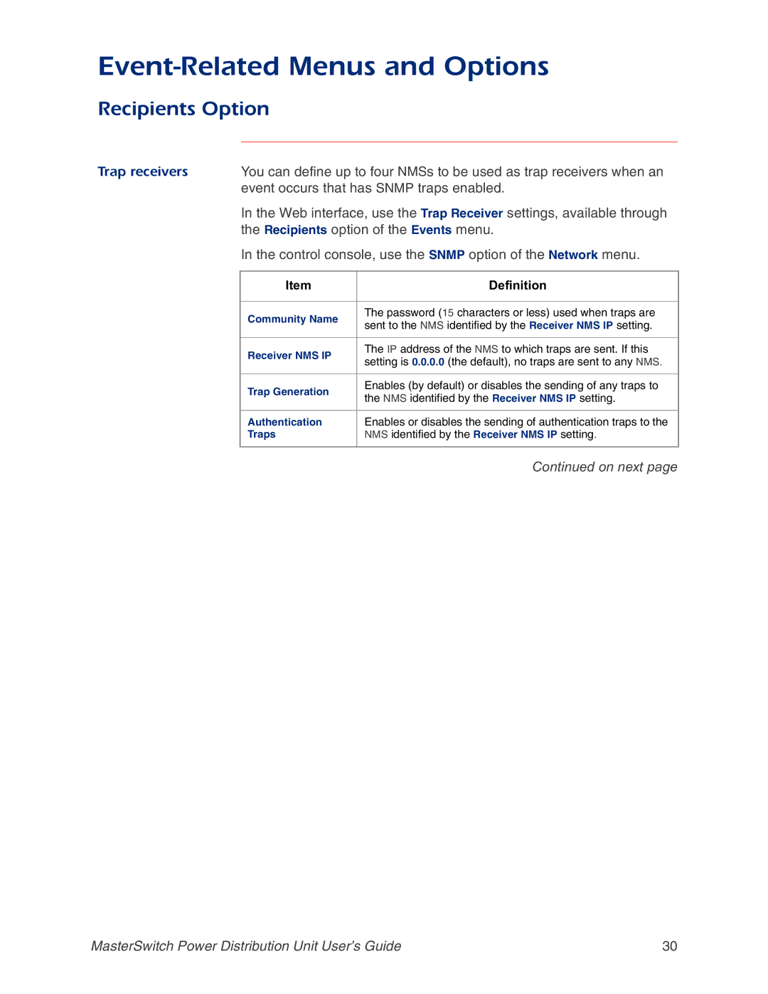 APC AP9217, AP9218, AP9211, AP9212 manual Recipients Option, Trap receivers, Event occurs that has Snmp traps enabled 