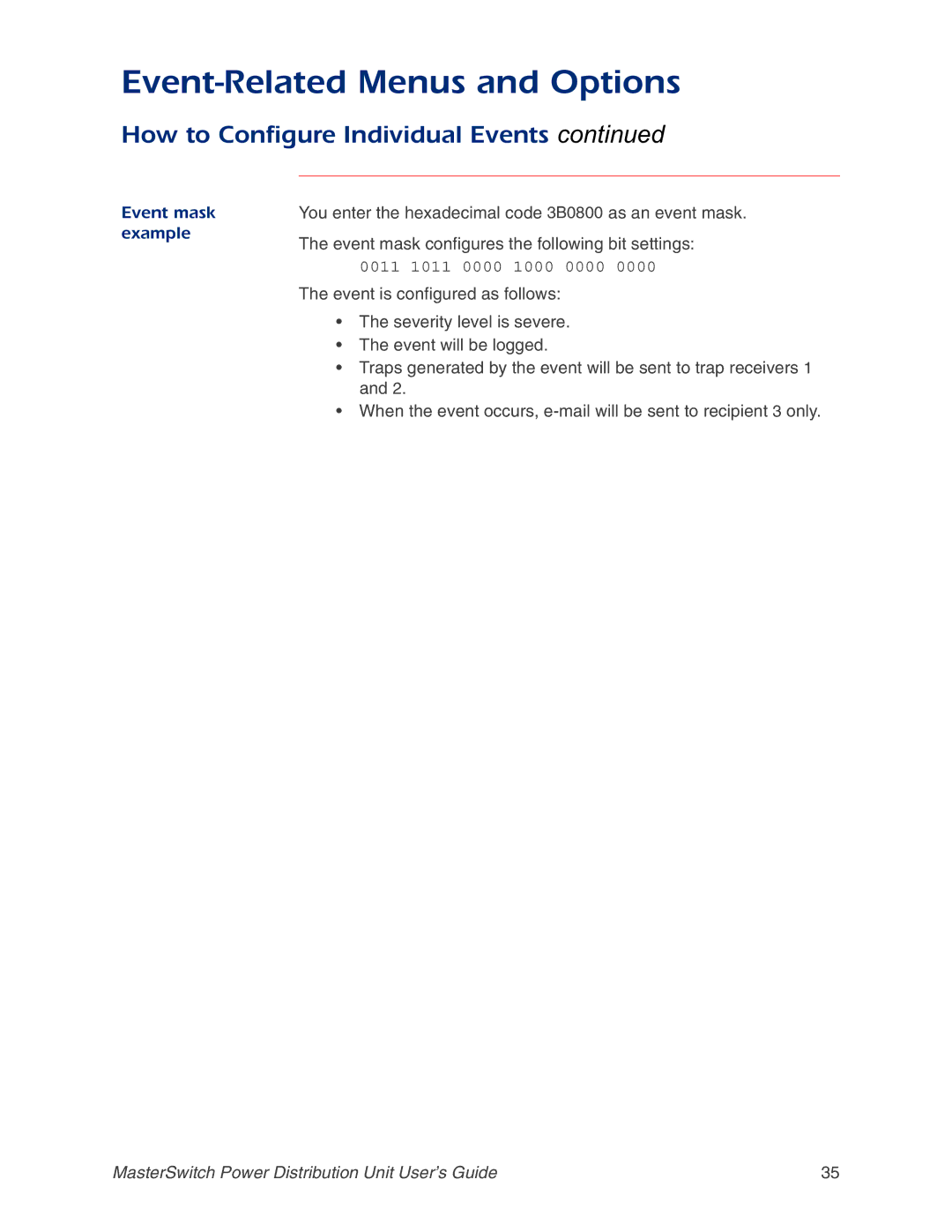 APC AP9212, AP9218, AP9211, AP9217 manual You enter the hexadecimal code 3B0800 as an event mask, Example 