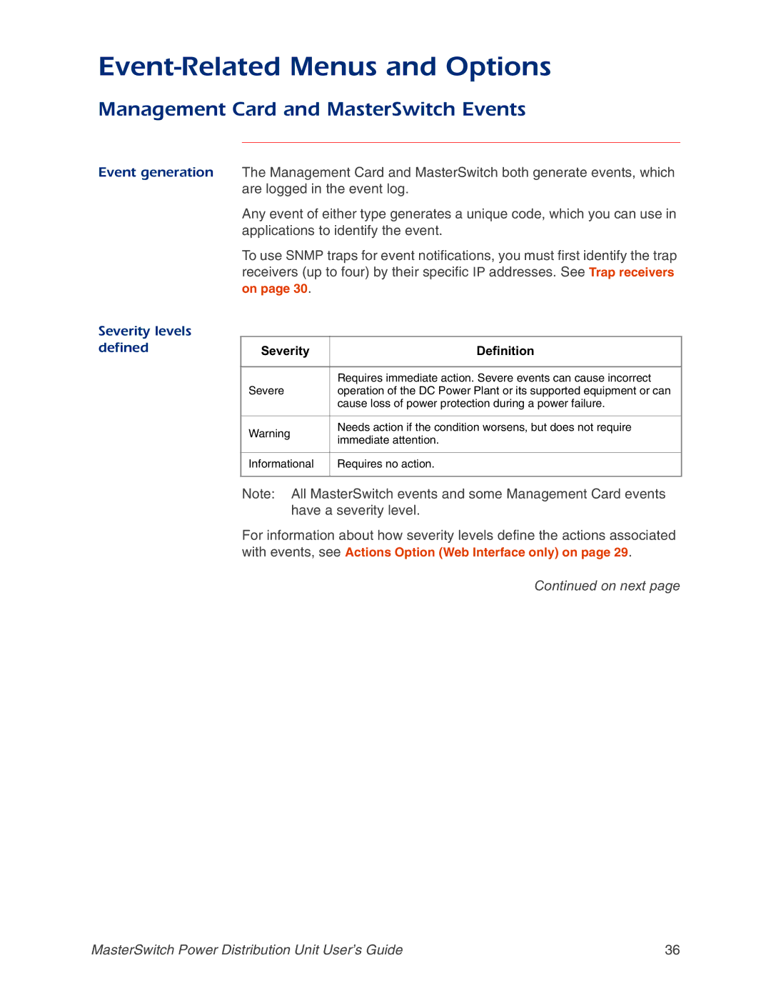 APC AP9218, AP9211, AP9217, AP9212 manual Management Card and MasterSwitch Events, Severity levels defined 