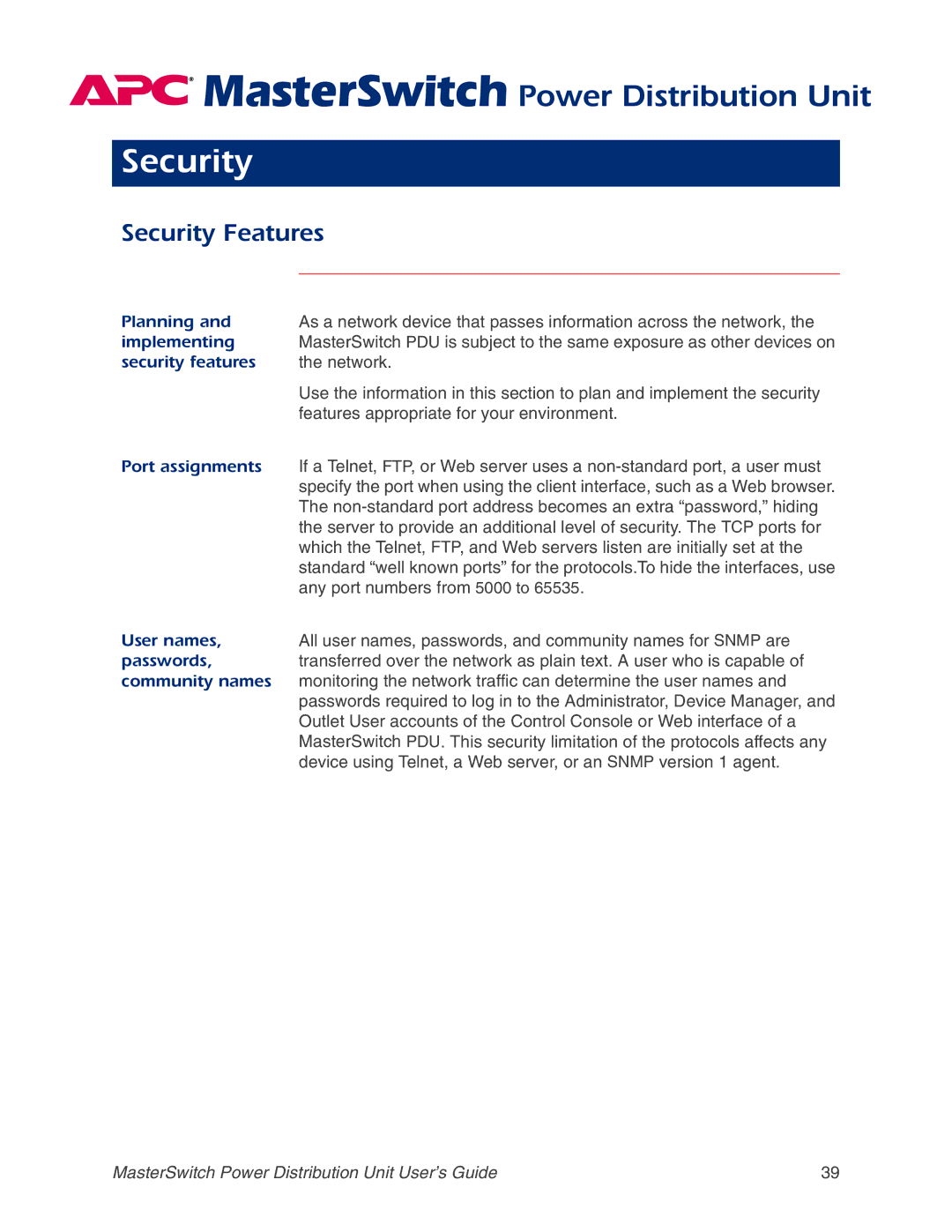 APC AP9212, AP9218, AP9211, AP9217 manual Security Features 