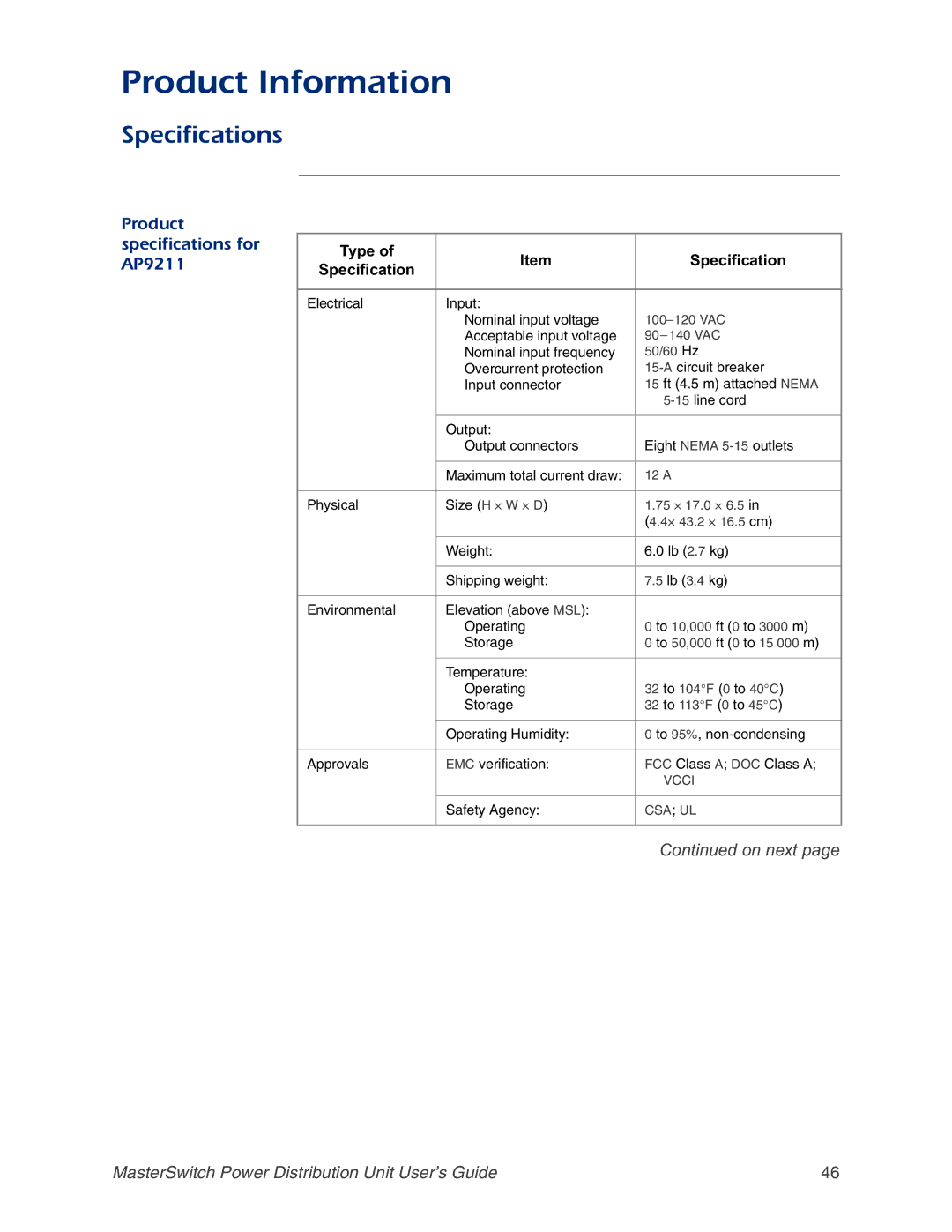 APC AP9217, AP9218, AP9212 manual Specifications, Product specifications for AP9211 