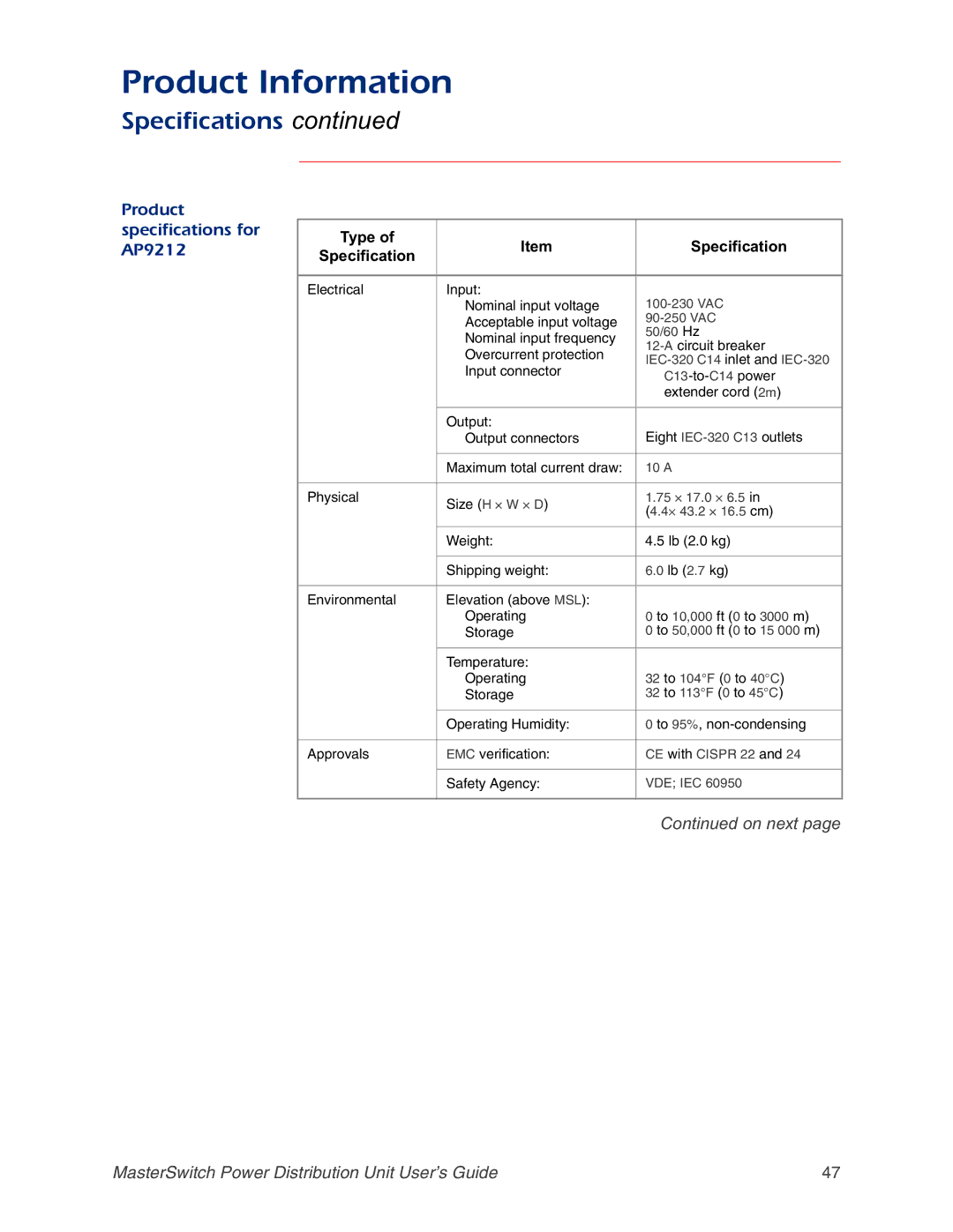 APC AP9218, AP9211, AP9217 manual Product specifications for AP9212 