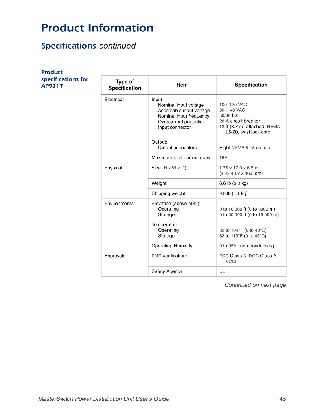 APC AP9218, AP9211, AP9212 manual Product specifications for AP9217 