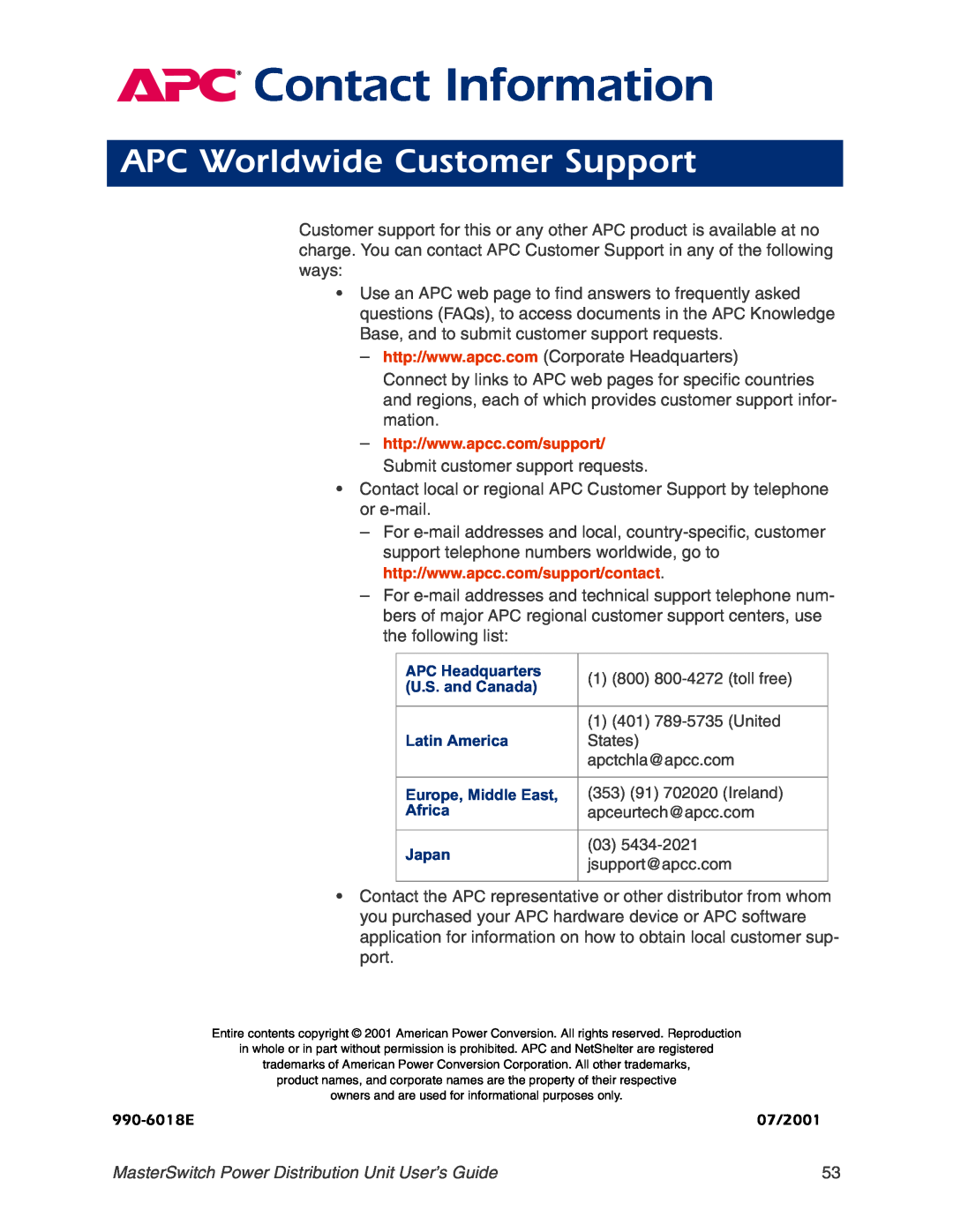 APC AP9211, AP9218 APC Worldwide Customer Support, Contact Information, MasterSwitch Power Distribution Unit User’s Guide 