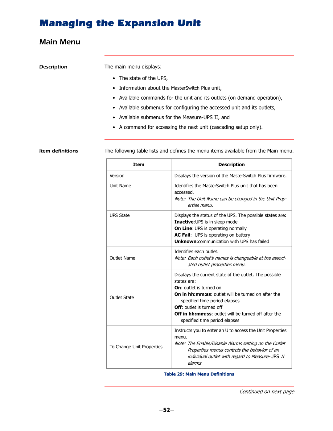 APC AP9225EXP manual Managing the Expansion Unit, Main Menu, ‡ ,QIRUPDWLRQDERXWWKH0DVWHU6ZLWFK3OXVXQLW 