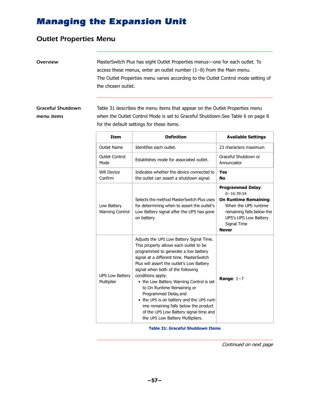 APC AP9225EXP manual Outlet Properties Menu, WkhFkrvhqRxwohw, IruWkhGhidxowVhwwlqjvIruWkhvhLwhpv, ±± 