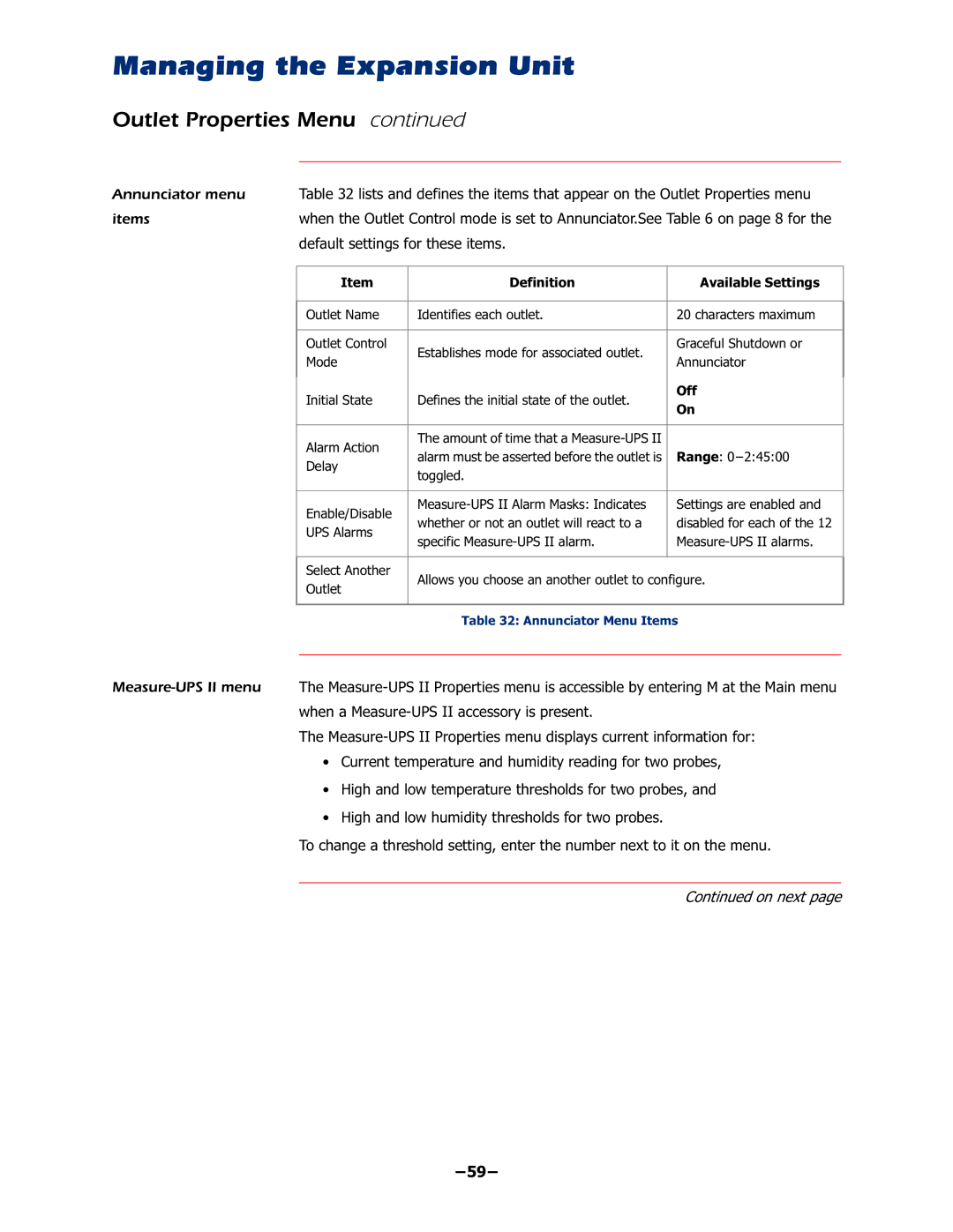 APC AP9225EXP manual GhidxowVhwwlqjvIruWkhvhLwhpv, ±±, Wrjjohg, 7DEOH$QQXQFLDWRU0HQX,WHPV 