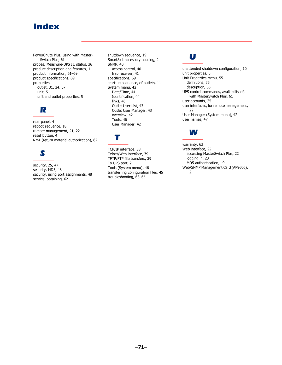 APC AP9225EXP manual Index, ±±, DffhvvFrqwuro, Ghilqlwlrqv, XvhuLqwhuidfhvIruUhprwhPdqdjhphqw 