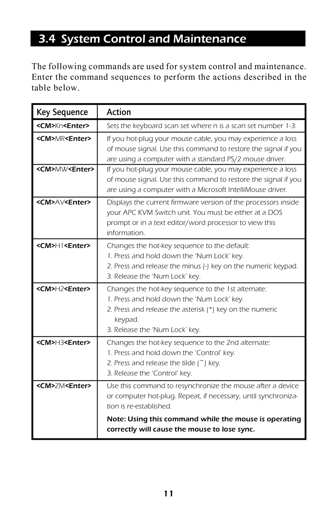 APC AP9254, AP9258 manual System Control and Maintenance, Action 