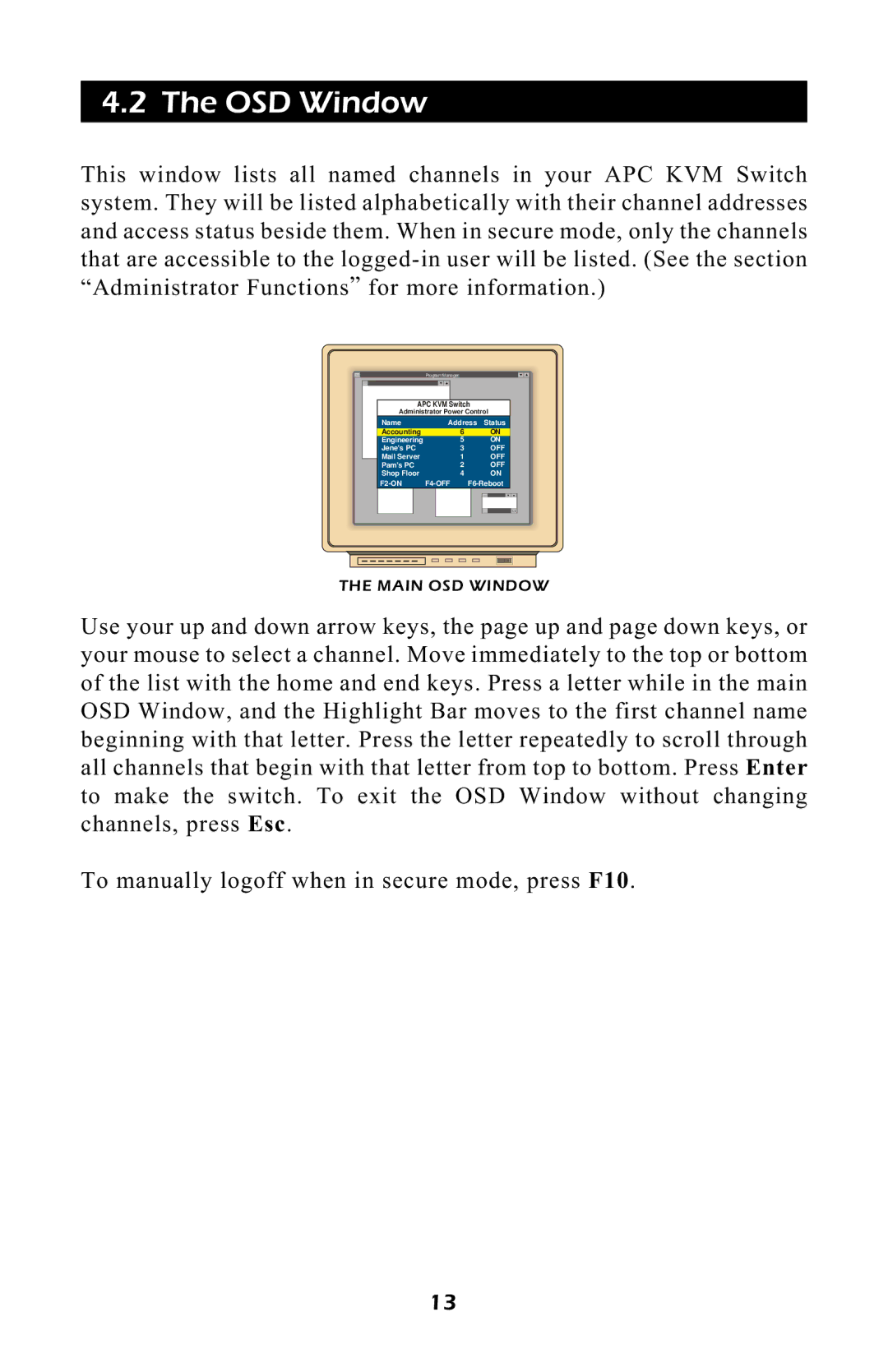 APC AP9254, AP9258 manual OSD Window, APC KVM Switch 