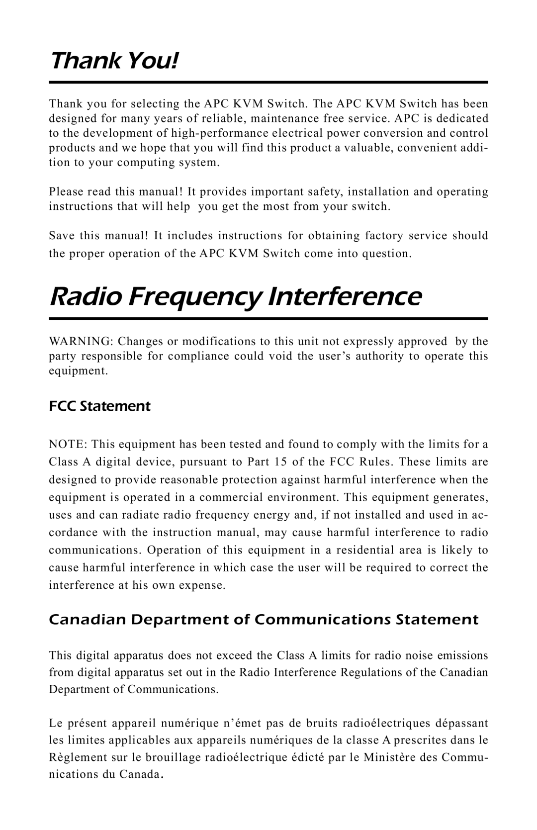 APC AP9258, AP9254 manual FCC Statement, Canadian Department of Communications Statement 