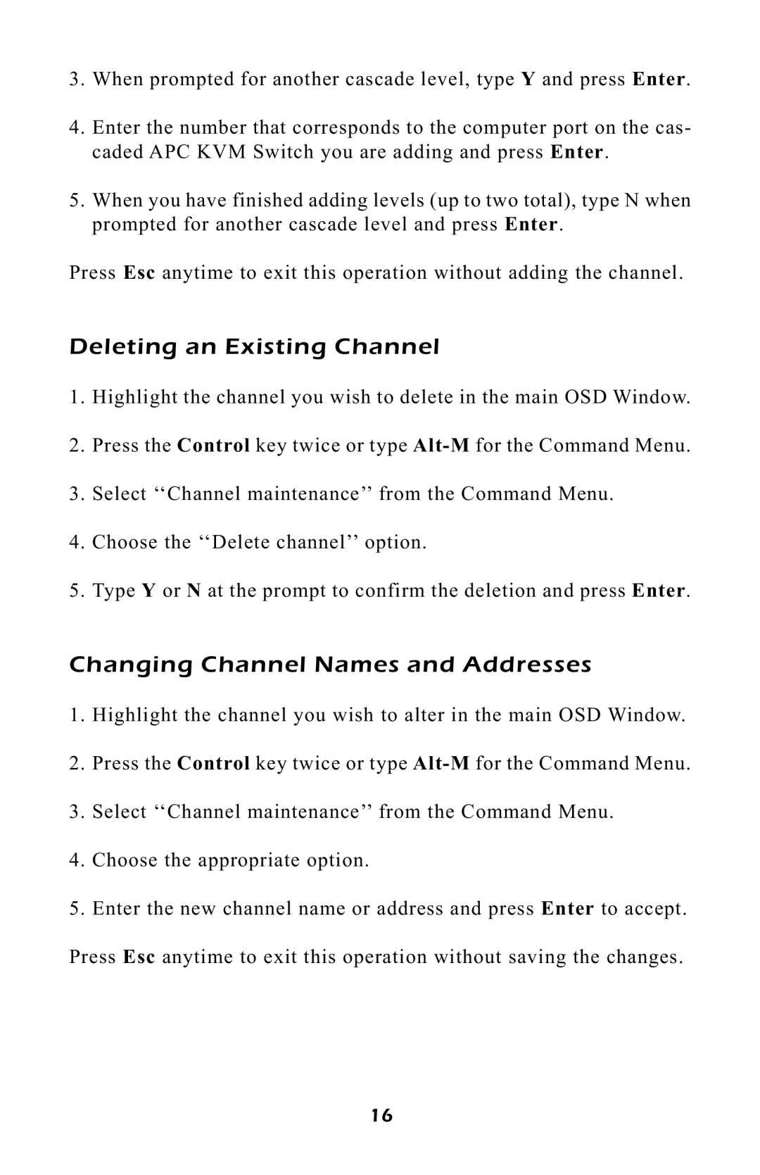 APC AP9258, AP9254 manual Deleting an Existing Channel, Changing Channel Names and Addresses 