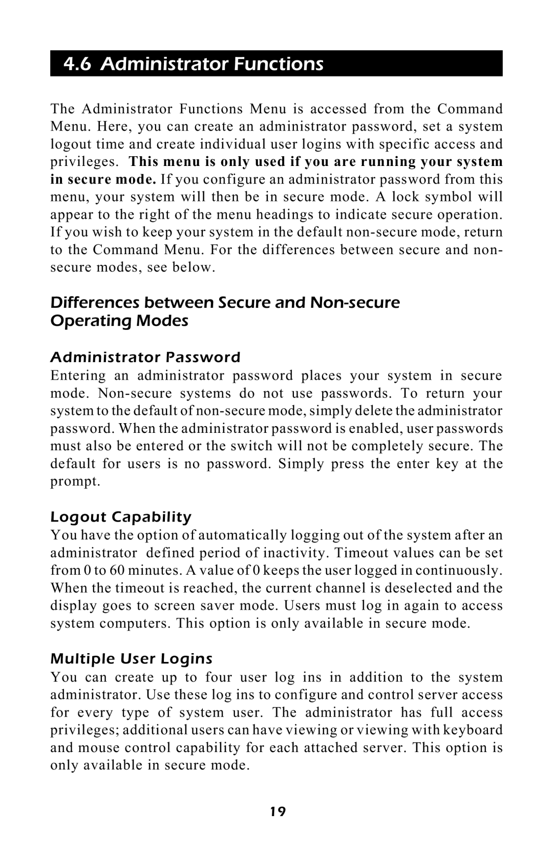 APC AP9254 Administrator Functions, Differences between Secure and Non-secure Operating Modes, Administrator Password 