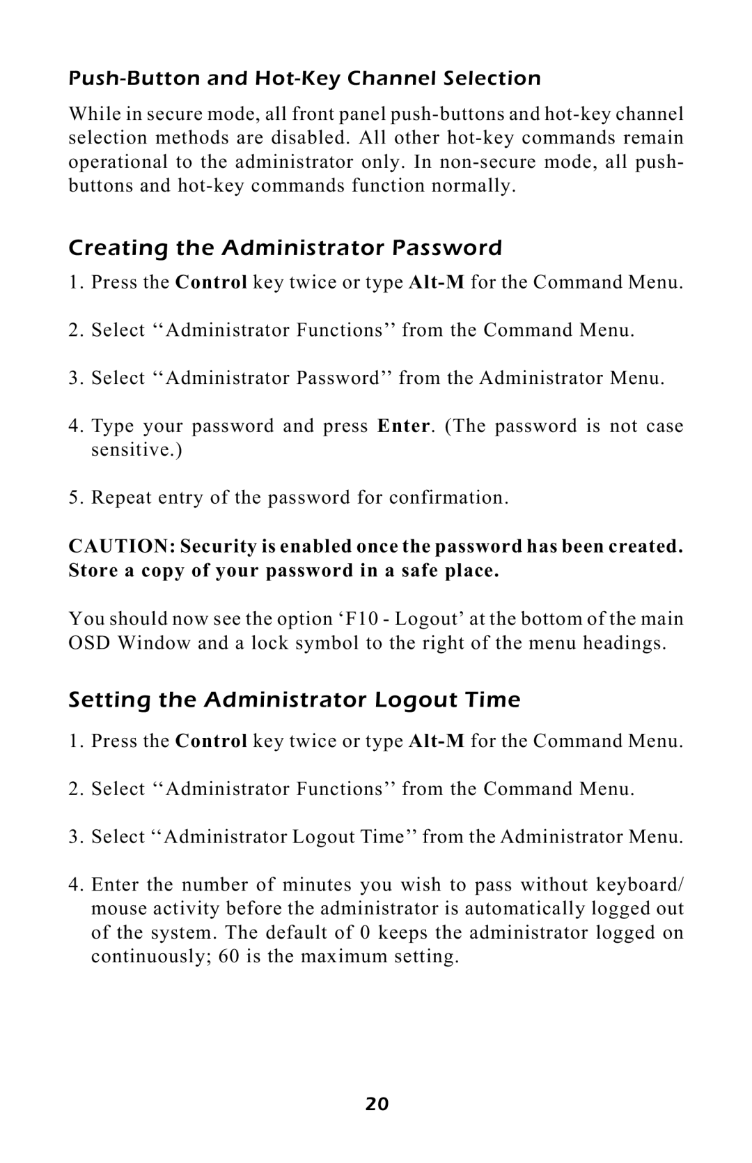 APC AP9258, AP9254 manual Creating the Administrator Password, Setting the Administrator Logout Time 