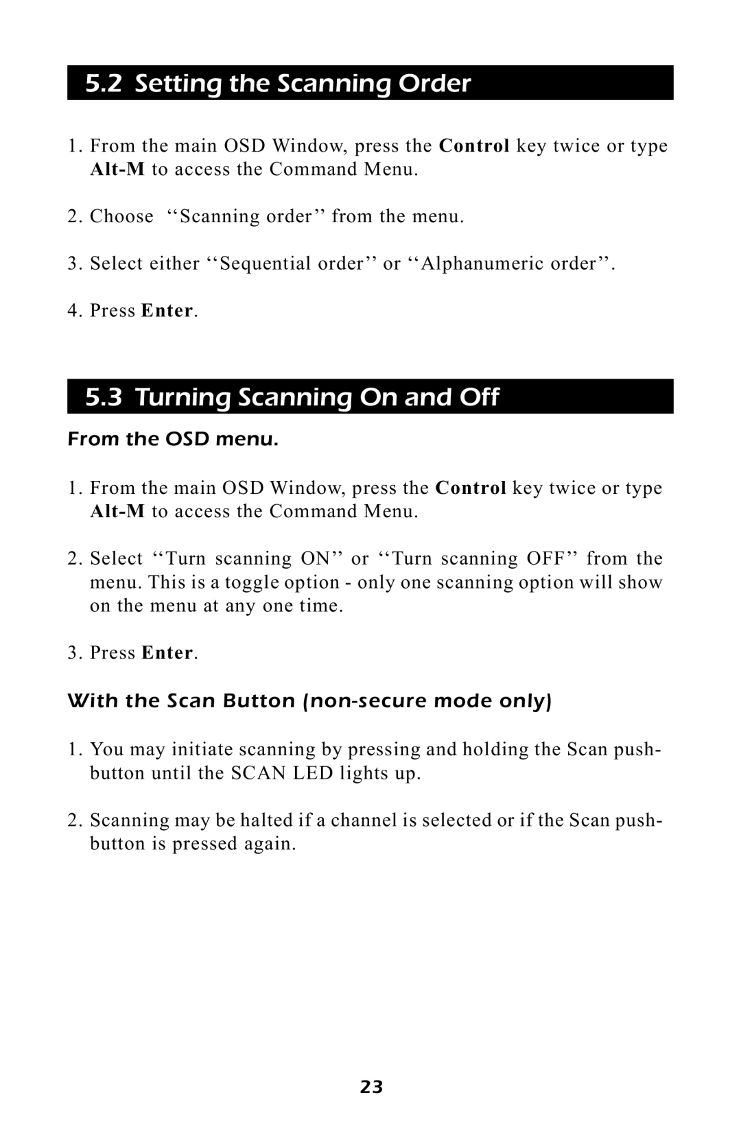 APC AP9254, AP9258 manual Setting the Scanning Order, Turning Scanning On and Off, From the OSD menu 