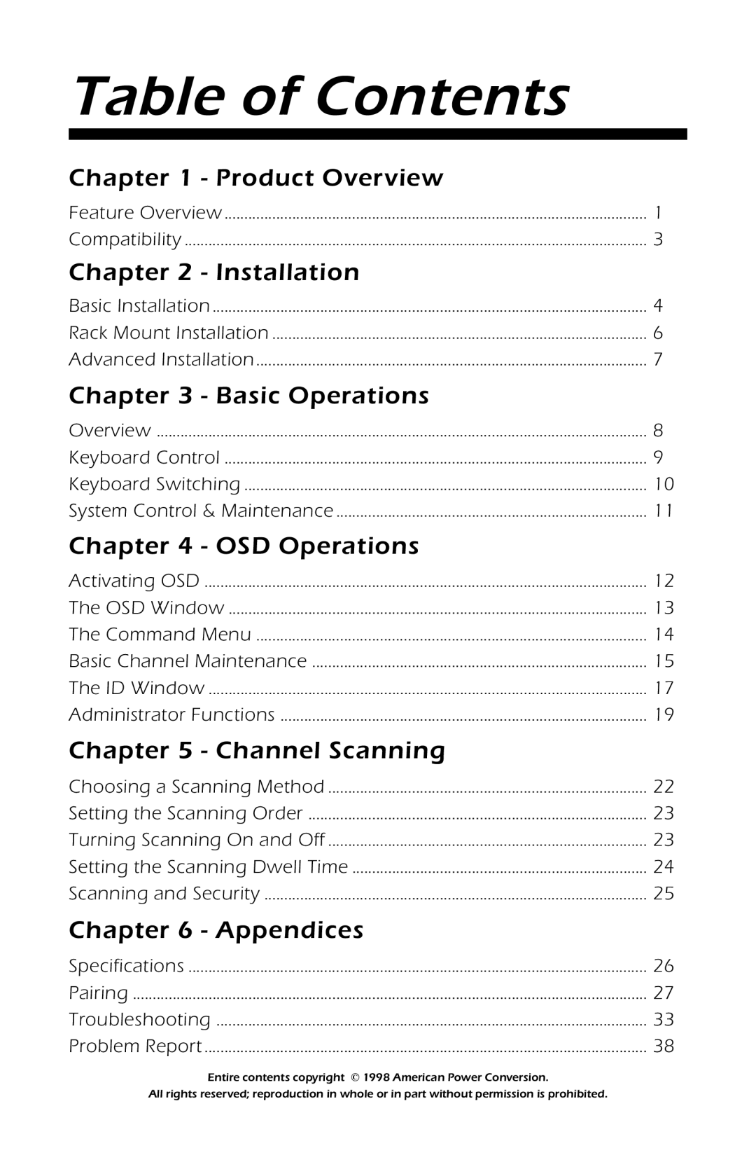 APC AP9254, AP9258 manual Table of Contents 