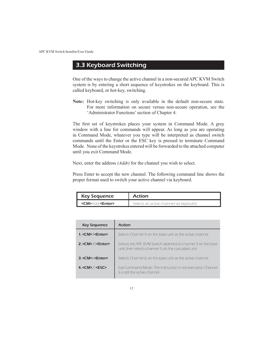 APC AP9268 manual Keyboard Switching, Key Sequence Action 