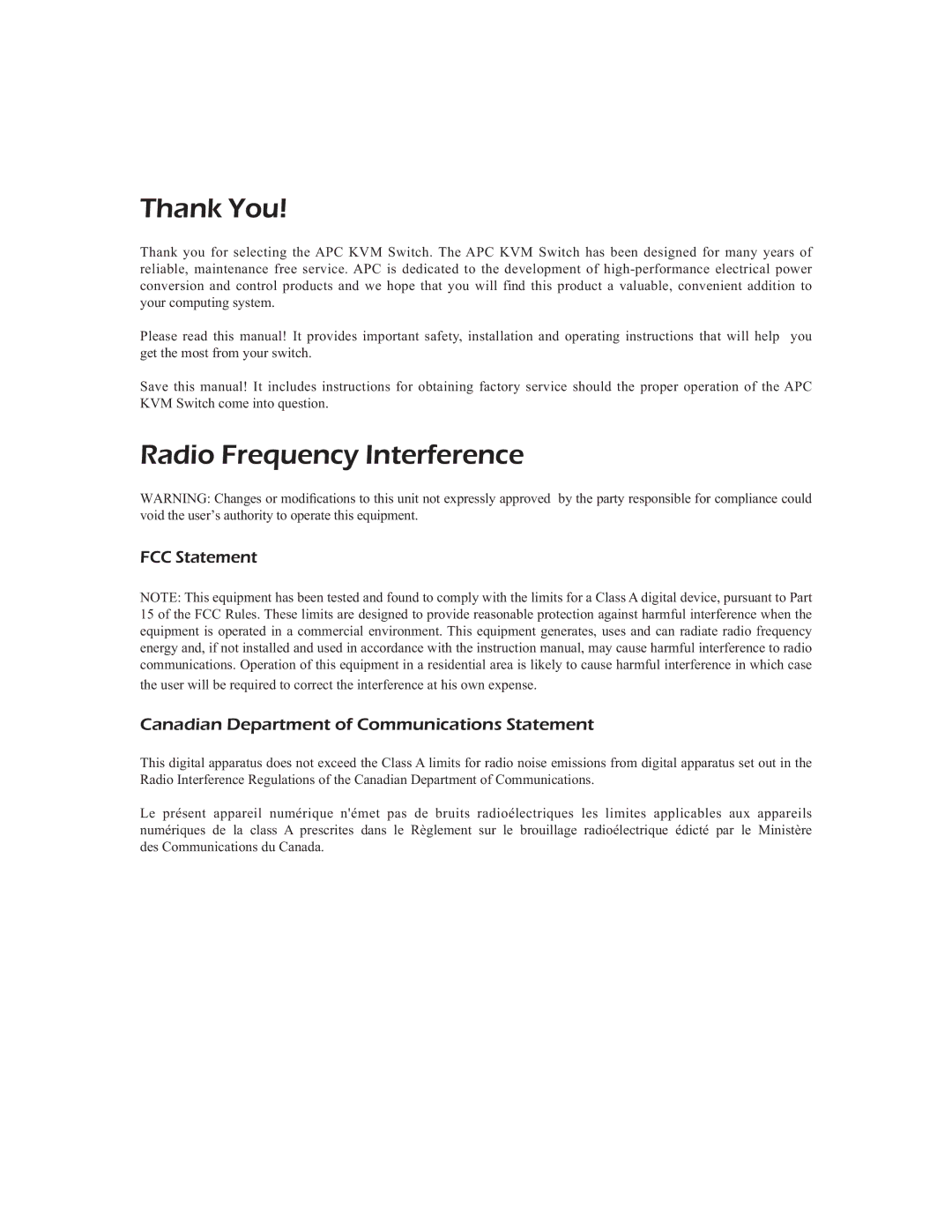 APC AP9268 manual FCC Statement, Canadian Department of Communications Statement 