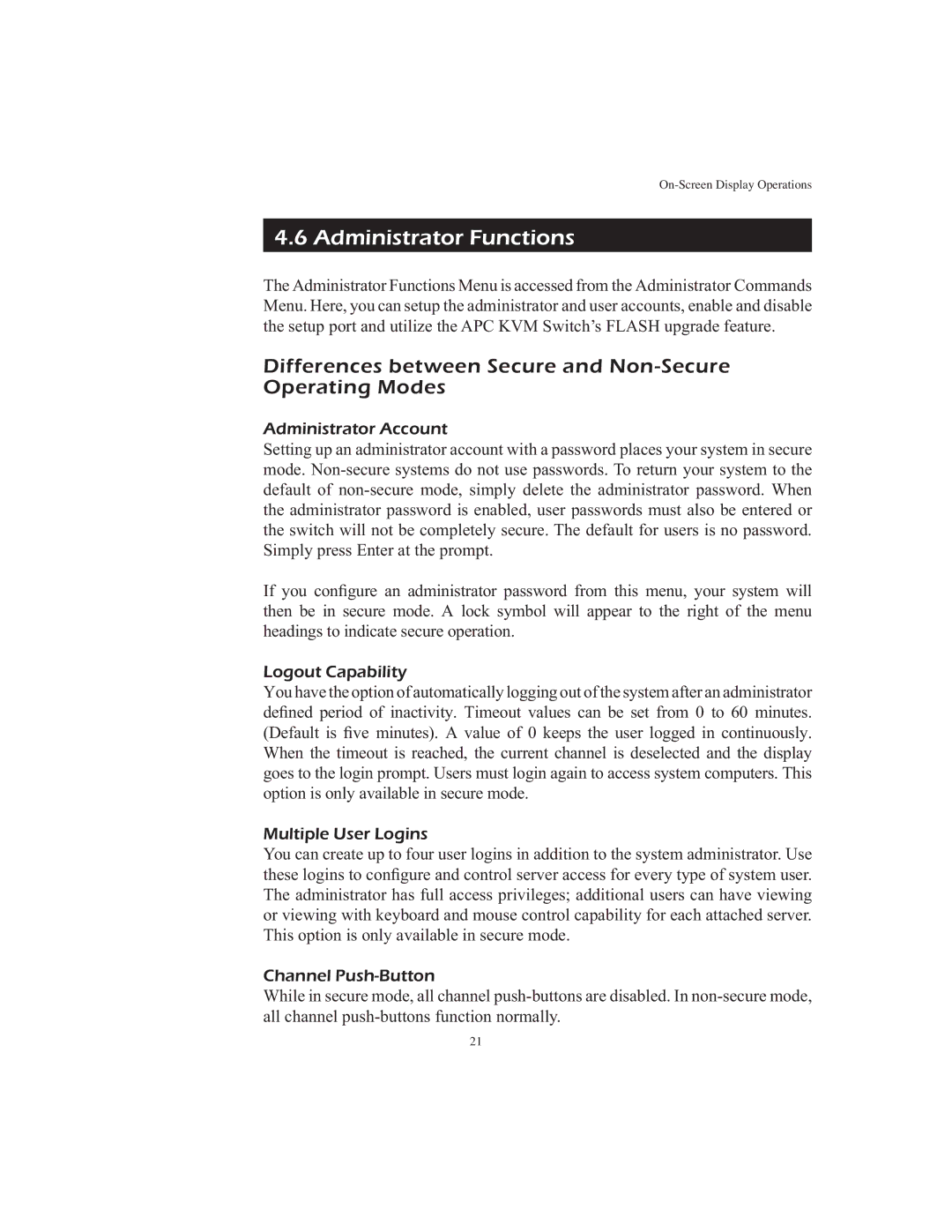 APC AP9268 manual Administrator Functions, Differences between Secure and Non-Secure Operating Modes 