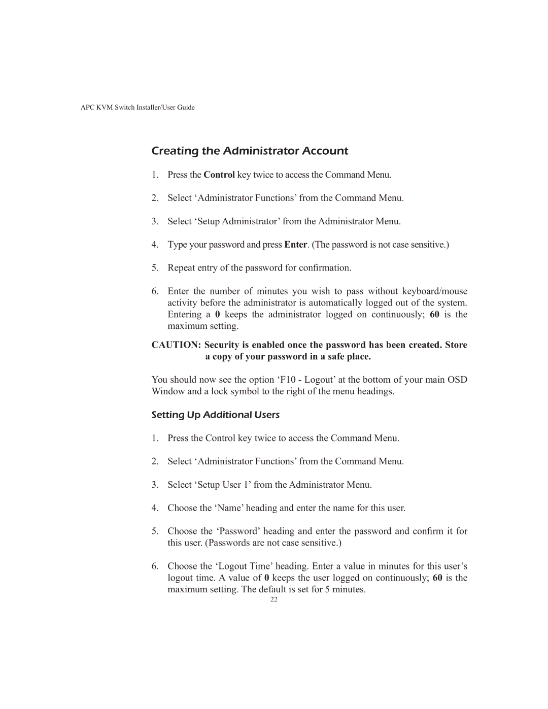 APC AP9268 manual Creating the Administrator Account, Setting Up Additional Users 