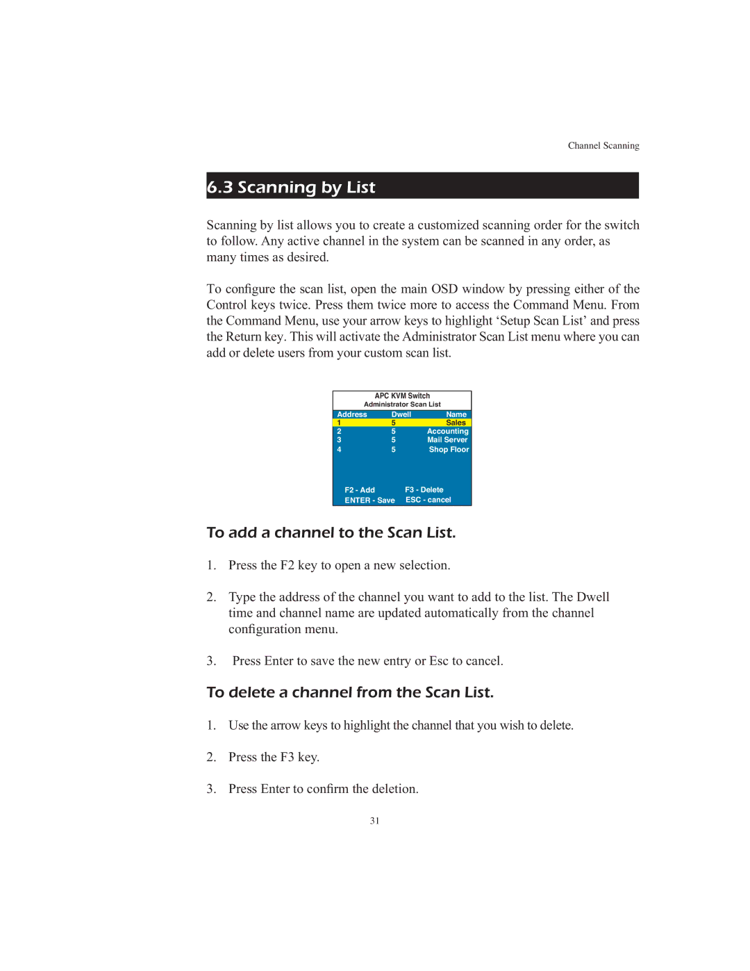 APC AP9268 manual Scanning by List, To add a channel to the Scan List, To delete a channel from the Scan List 