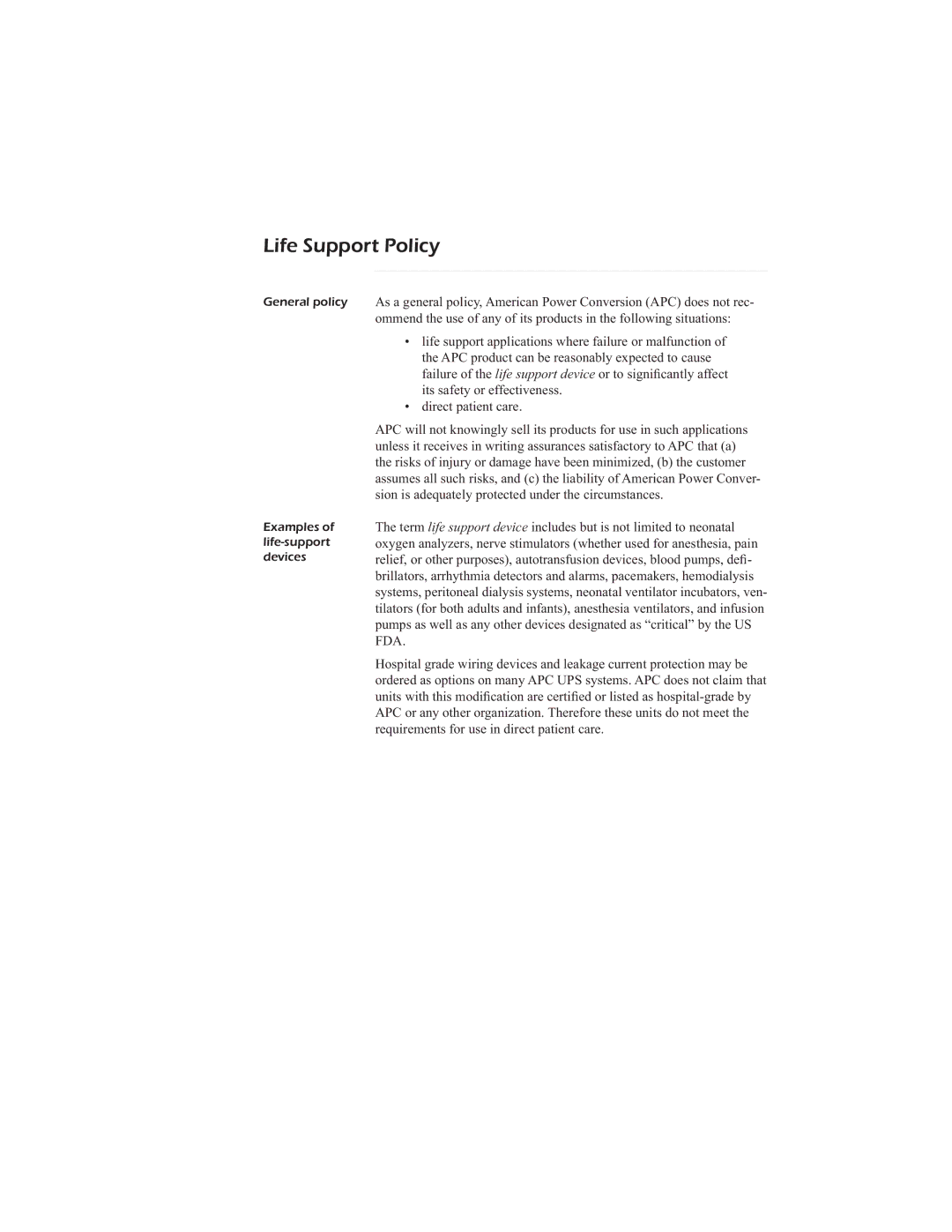 APC AP9268 manual Life Support Policy, General policy Examples of life-support devices 