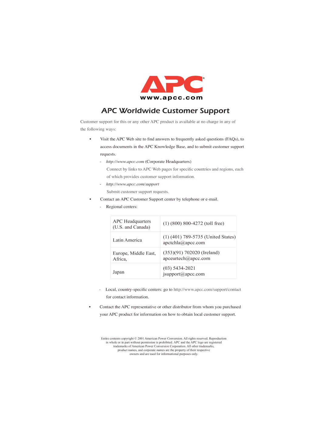 APC AP9268 manual APC Worldwide Customer Support 