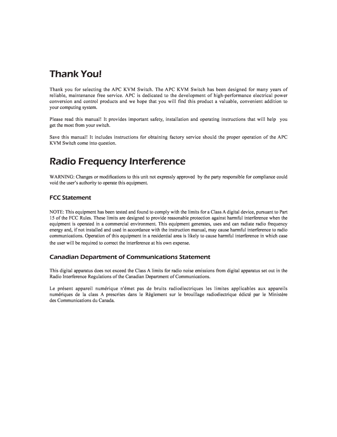 APC AP9268 manual FCC Statement, Canadian Department of Communications Statement, Thank You, Radio Frequency Interference 