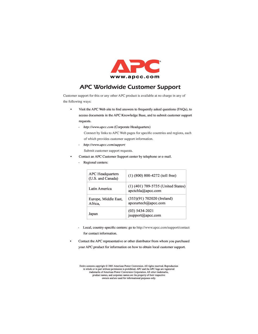 APC AP9268 manual APC Worldwide Customer Support 