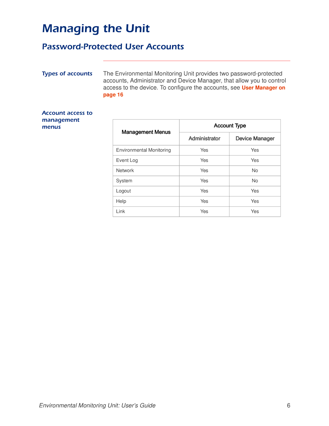 APC AP9312THi manual Password-Protected User Accounts, Account access to Management, Account Type, Management Menus 