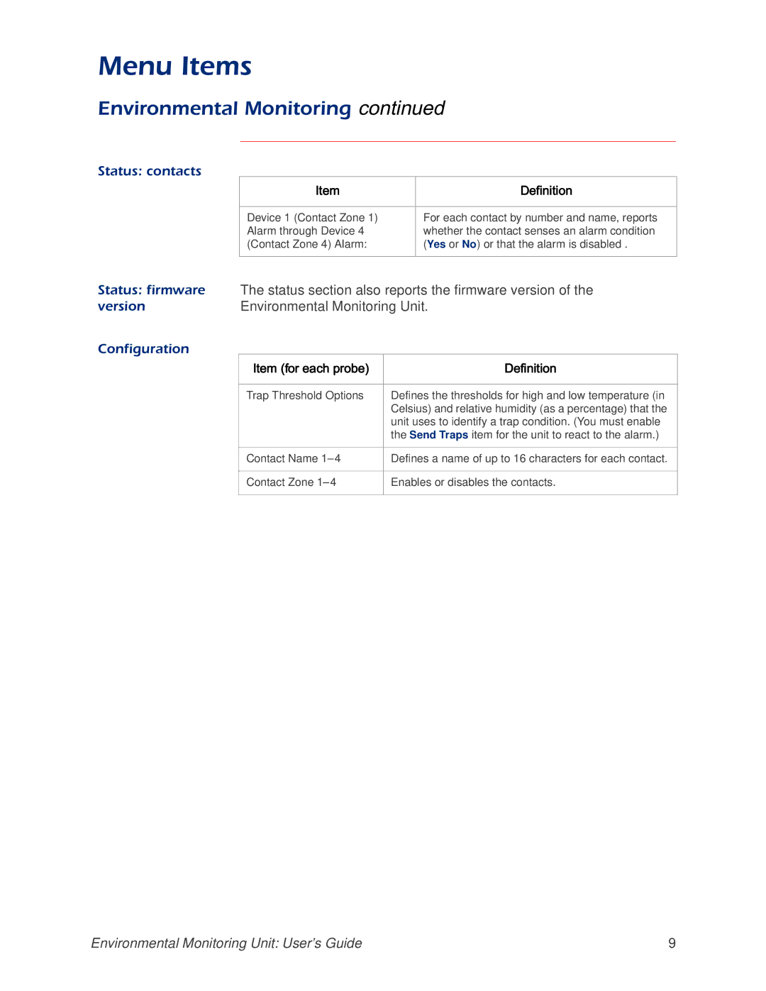 APC AP9312TH Status contacts, Status firmware, Status section also reports the firmware version, Version, Configuration 