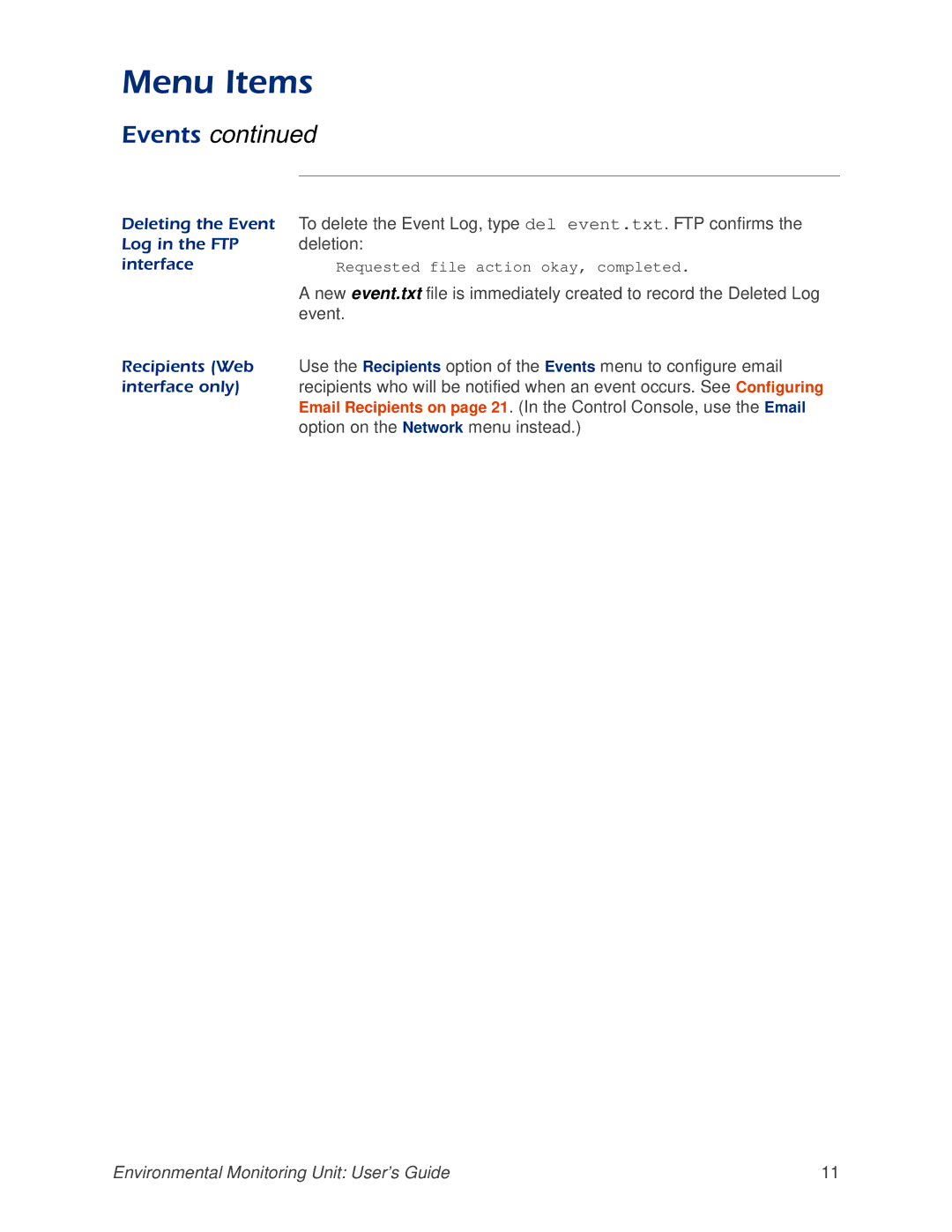 APC AP9312TH manual To delete the Event Log, type del event.txt. FTP confirms, Deletion, Option on the Network menu instead 