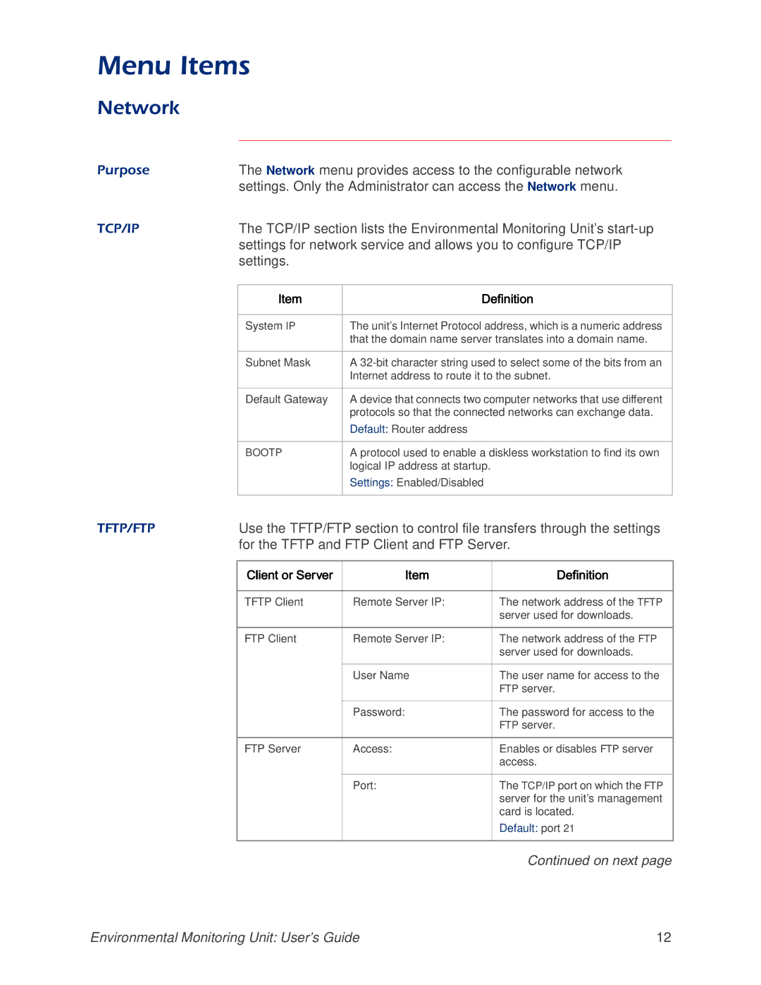 APC AP9312THi manual Network menu provides access to the configurable network, Settings, Client or Server Definition 