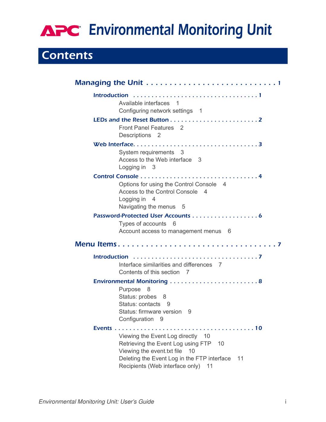 APC AP9312THi manual Environmental Monitoring Unit, Contents 